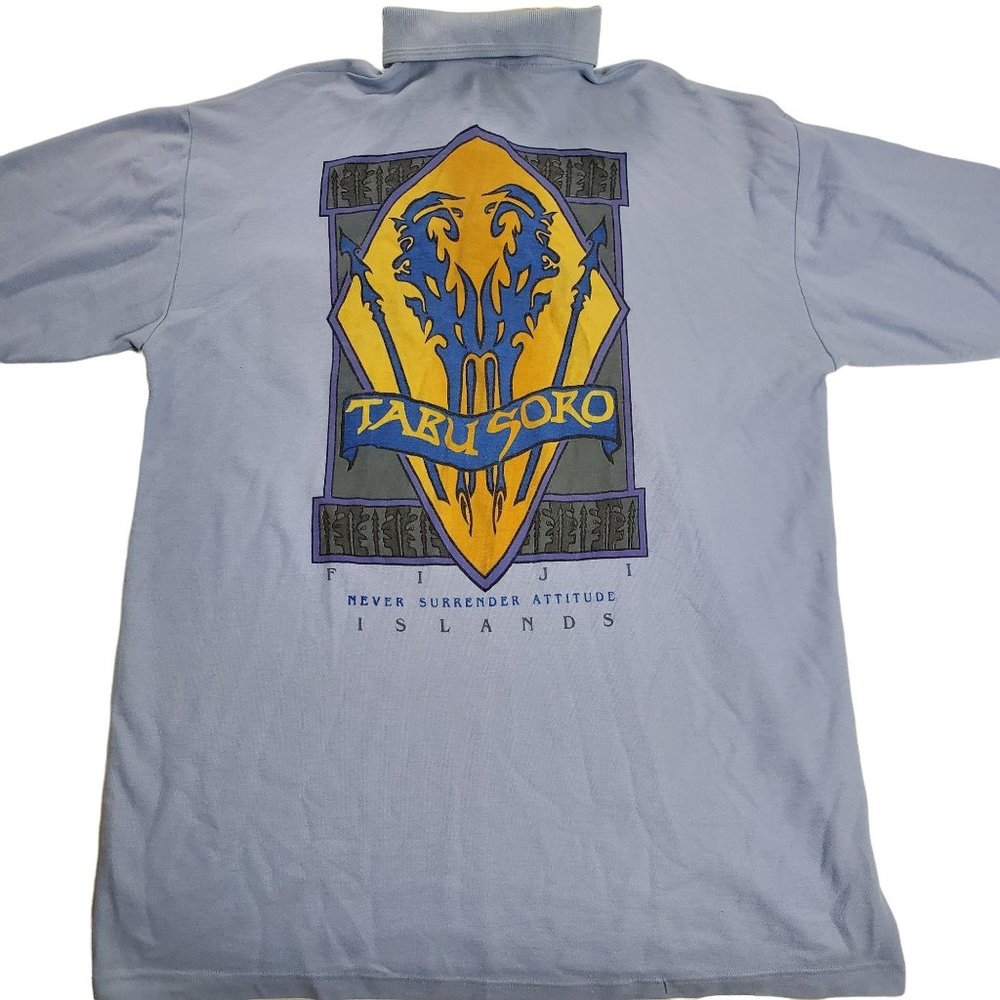 Tabu Soro Fiji Island Adults XL Never Surrender Attitude Blue Casual Polo